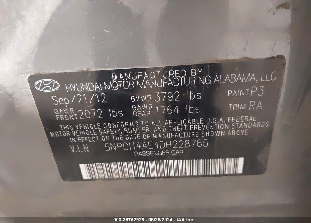 2013 HYUNDAI ELANTRA GLS VIN: 5NPDH4AE4DH228765