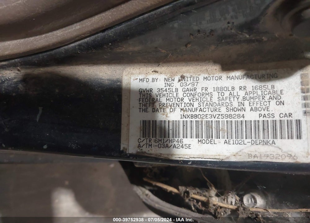 1997 TOYOTA COROLLA DX VIN: 1NXBB02E3VZ598284