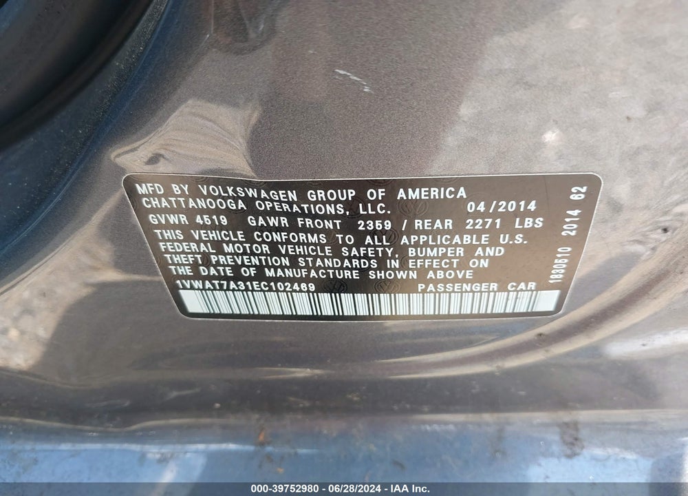 2014 VOLKSWAGEN PASSAT 1.8T WOLFSBURG EDITION VIN: 1VWAT7A31EC102469
