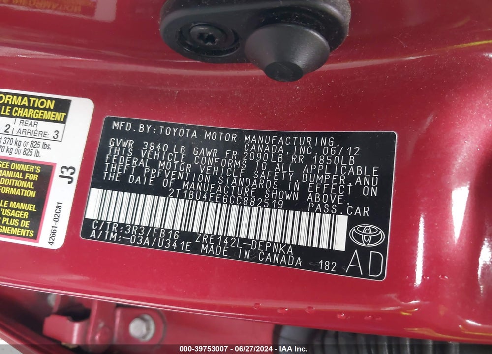 2012 TOYOTA COROLLA LE VIN: 2T1BU4EE6CC882519