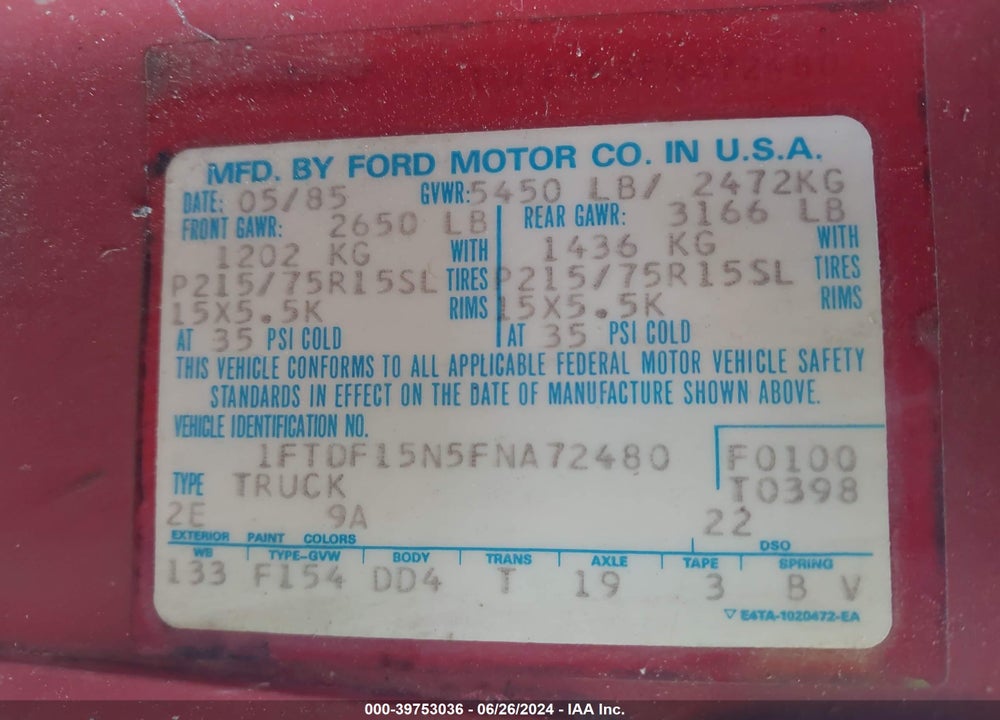 1985 FORD F150 VIN: 1FTDF15N5FNA72480