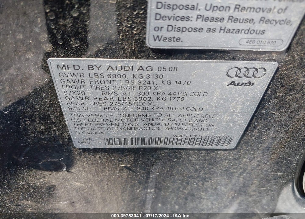 2008 AUDI Q7 4.2 PREMIUM VIN: WA1EV74L68D069911