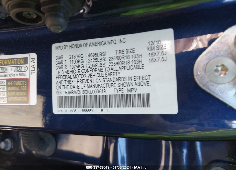 2019 HONDA CR-V EX-L VIN: 5J6RW2H80KL000619