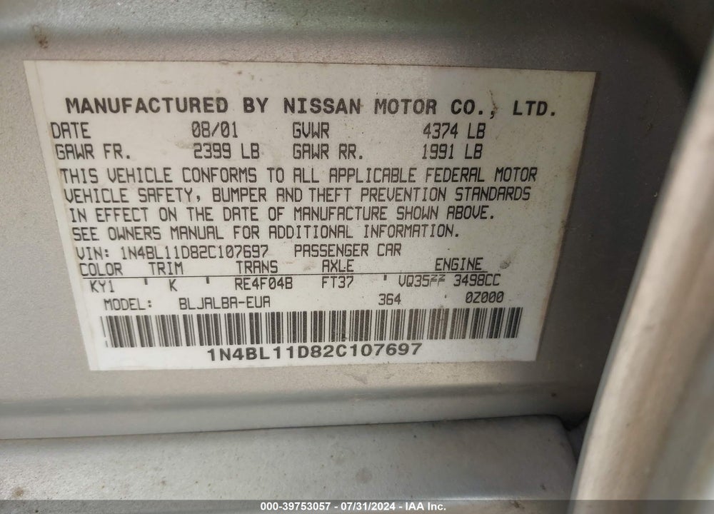 2002 NISSAN ALTIMA 3.5 SE VIN: 1N4BL11D82C107697