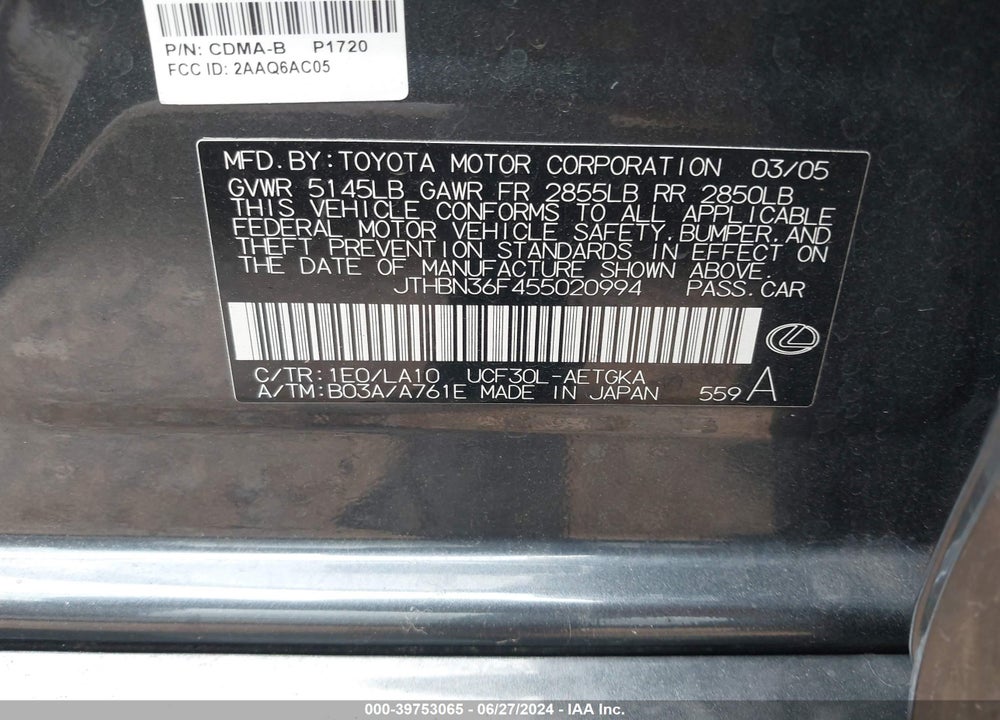 2005 LEXUS LS 430 VIN: JTHBN36F455020994