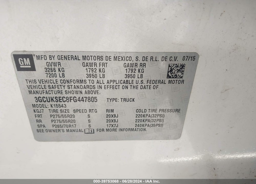 2015 CHEVROLET SILVERADO 1500 2LZ VIN: 3GCUKSEC8FG447805