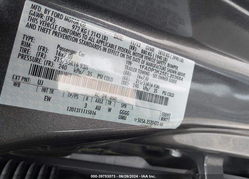 2014 FORD FOCUS SE VIN: 1FADP3K25EL203684