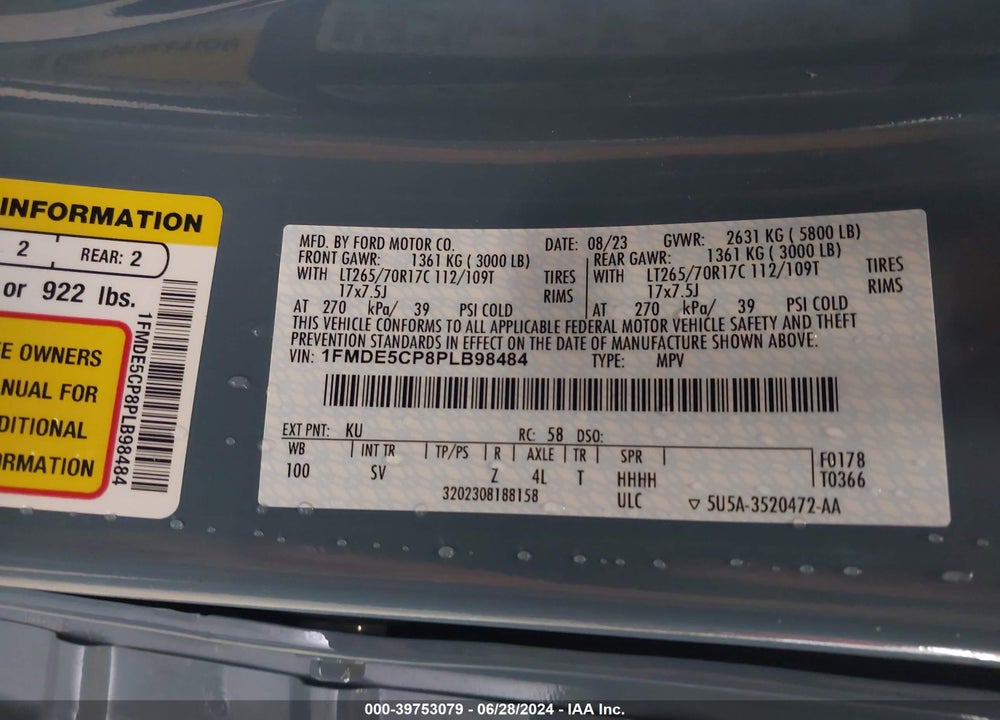 2023 FORD BRONCO BLACK DIAMOND VIN: 1FMDE5CP8PLB98484