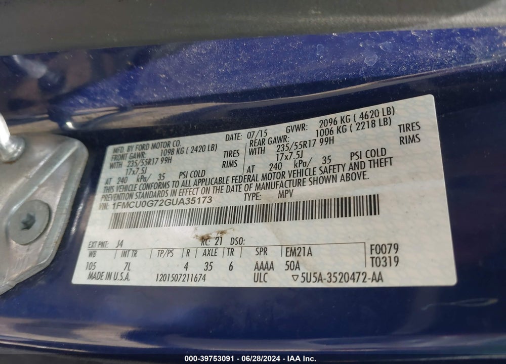 2016 FORD ESCAPE SE VIN: 1FMCU0G72GUA35173
