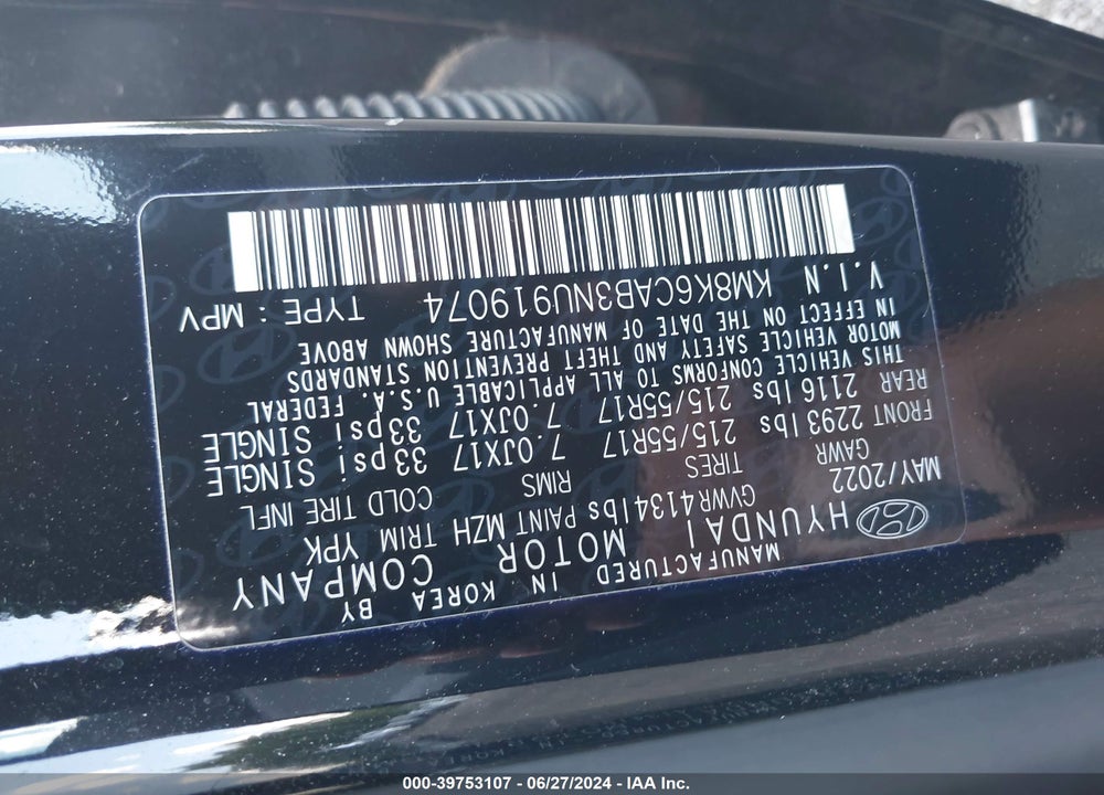 2022 HYUNDAI KONA SEL VIN: KM8K6CAB3NU919074