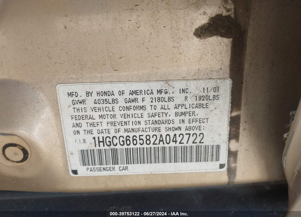 2002 HONDA ACCORD 2.3 LX VIN: 1HGCG66582A042722