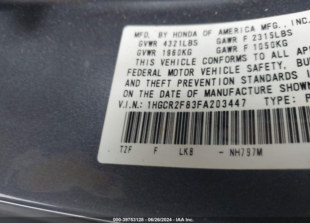 2015 HONDA ACCORD EX-L VIN: 1HGCR2F83FA203447