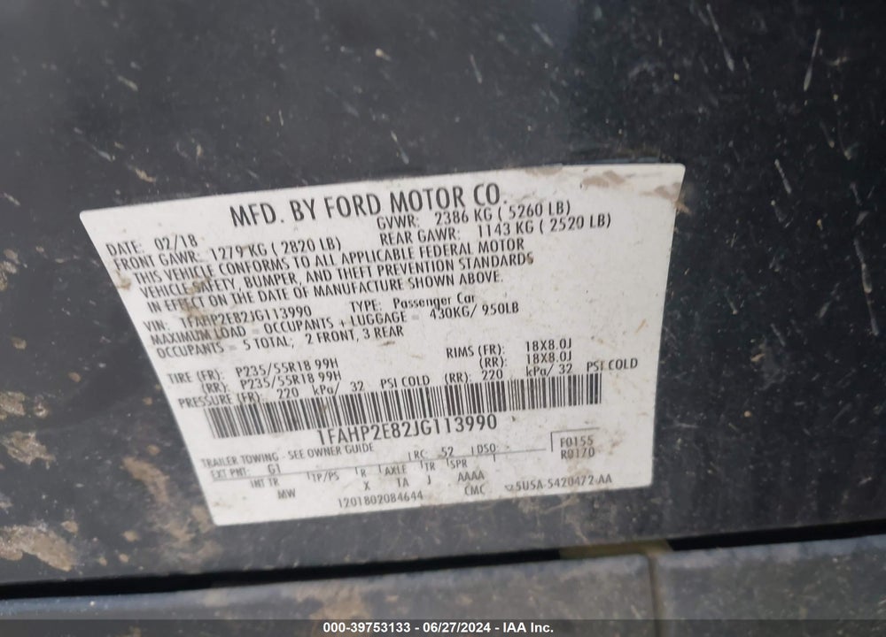 2018 FORD TAURUS SEL VIN: 1FAHP2E82JG113990