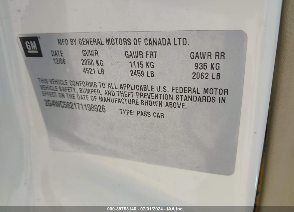 2007 BUICK LACROSSE CX VIN: 2G4WC582171198926