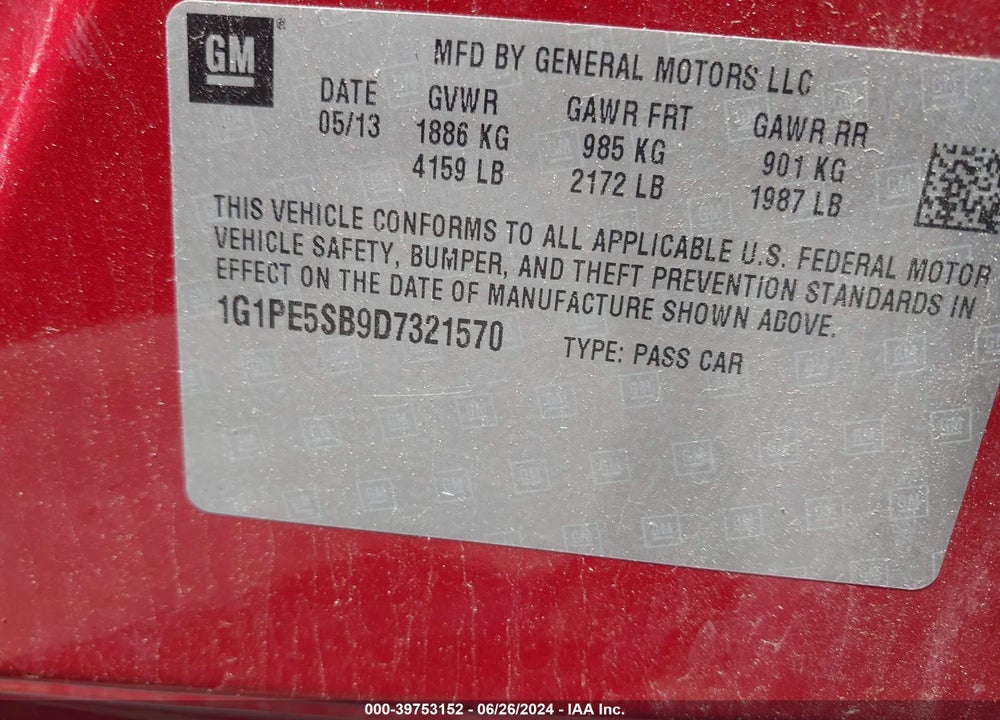 2013 CHEVROLET CRUZE 2LT AUTO VIN: 1G1PE5SB9D7321570