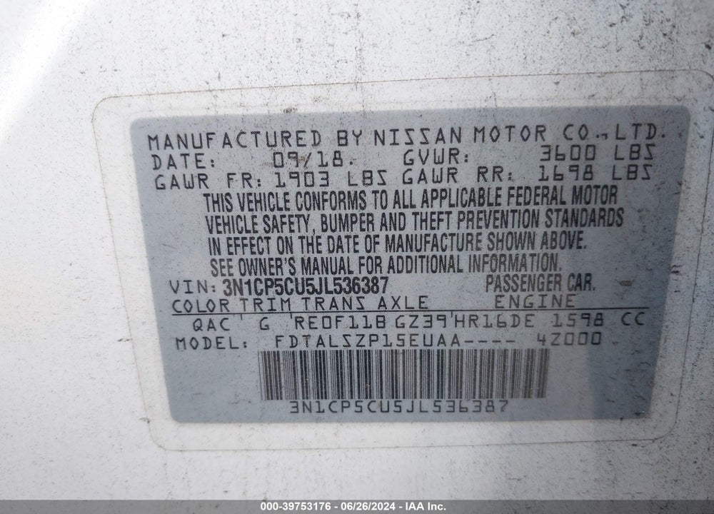 2018 NISSAN KICKS SV VIN: 3N1CP5CU5JL536387