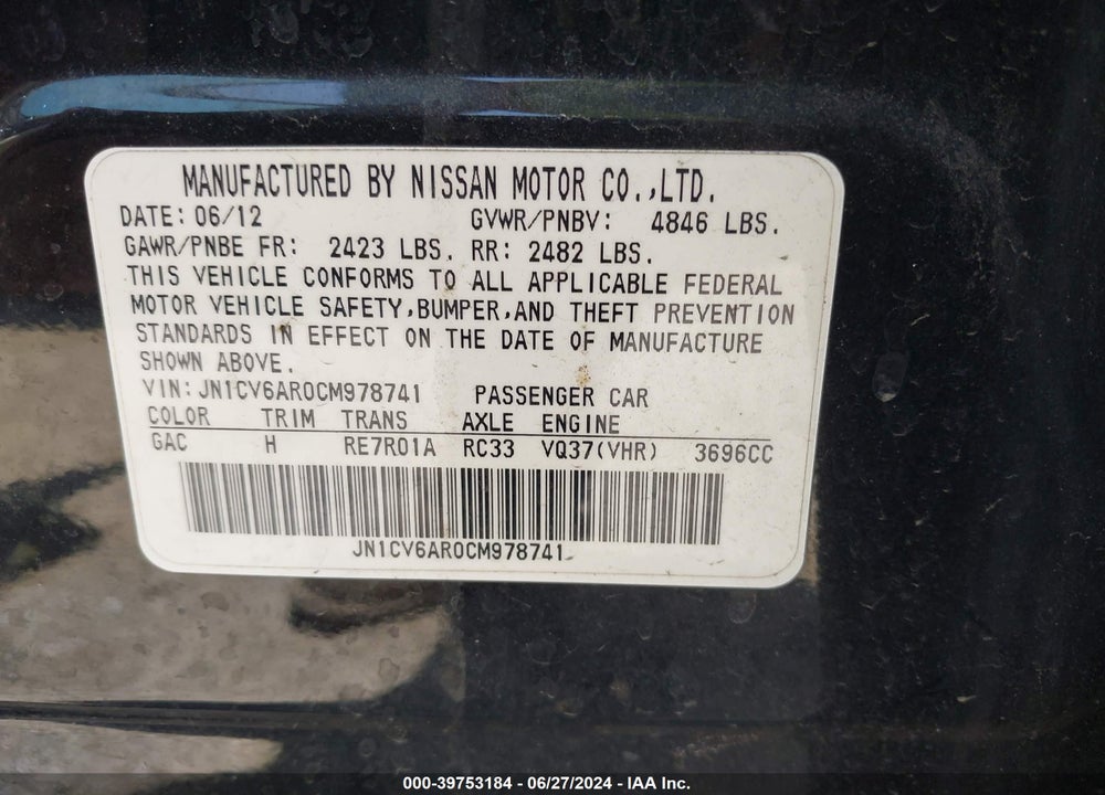 2012 INFINITI G37X VIN: JN1CV6AR0CM978741