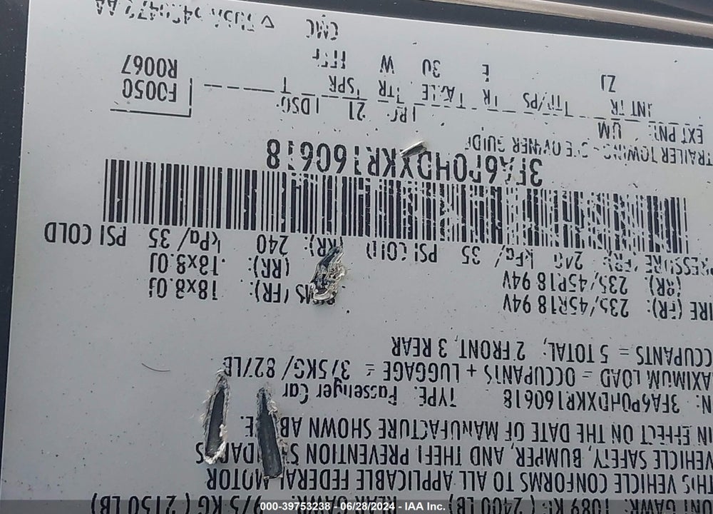 2019 FORD FUSION SE VIN: 3FA6P0HDXKR160618