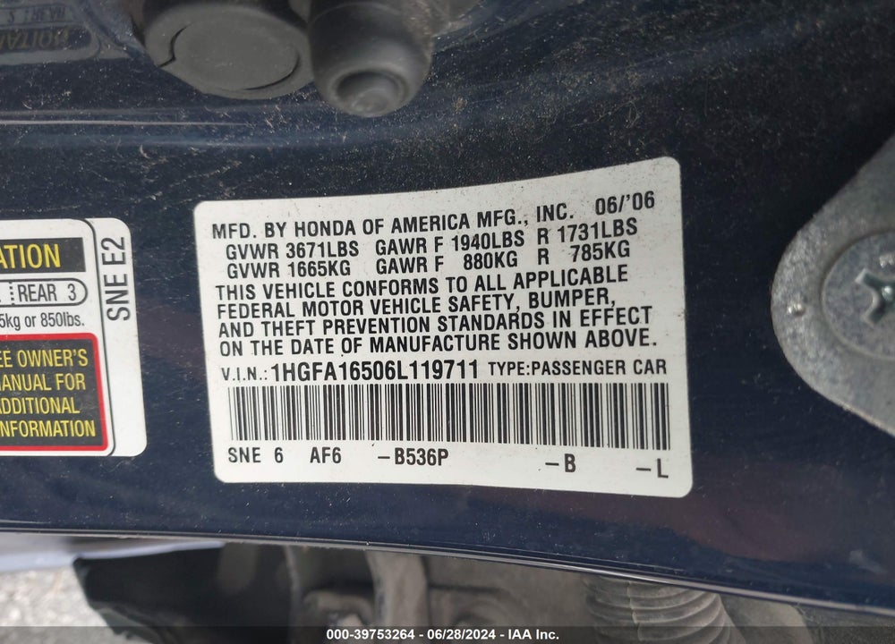 2006 HONDA CIVIC LX VIN: 1HGFA16506L119711