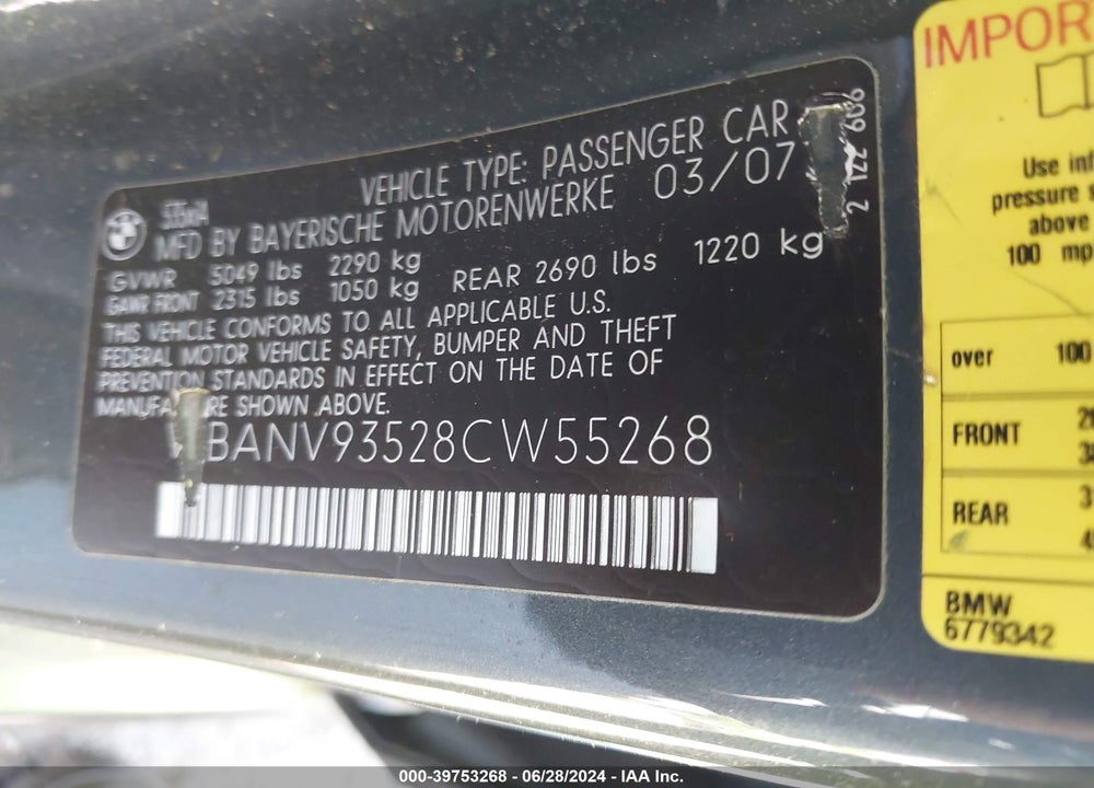 2008 BMW 535XI VIN: WBANV93528CW55268