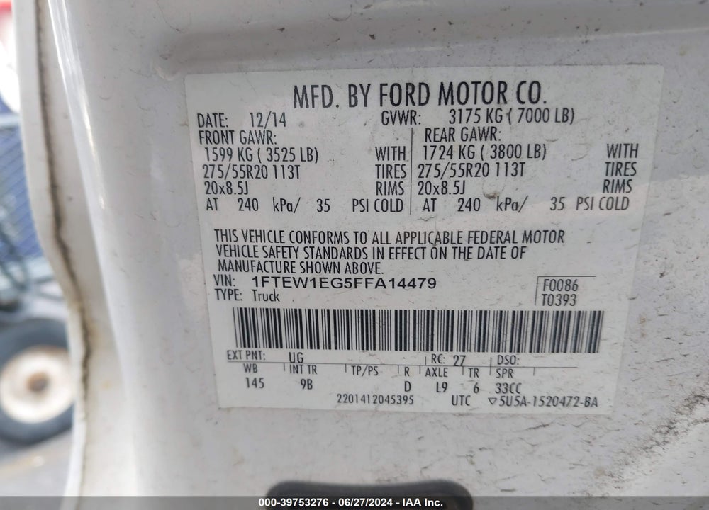2015 FORD F-150 PLATINUM VIN: 1FTEW1EG5FFA14479