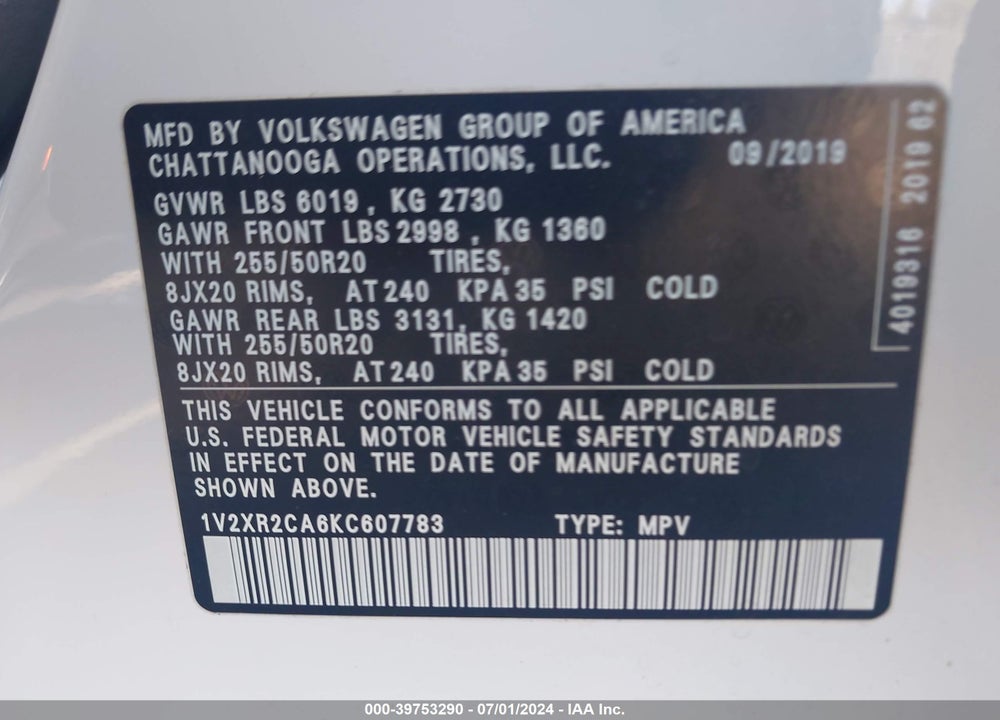 2019 VOLKSWAGEN ATLAS 3.6L V6 SE W/TECHNOLOGY R-LINE VIN: 1V2XR2CA6KC607783