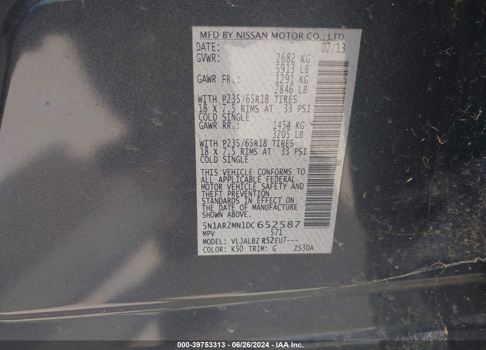 2013 NISSAN PATHFINDER S VIN: 5N1AR2MN1DC652587