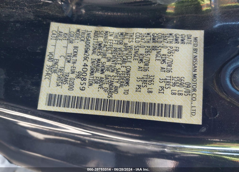 2006 NISSAN FRONTIER SE VIN: 1N6AD06W26C400859