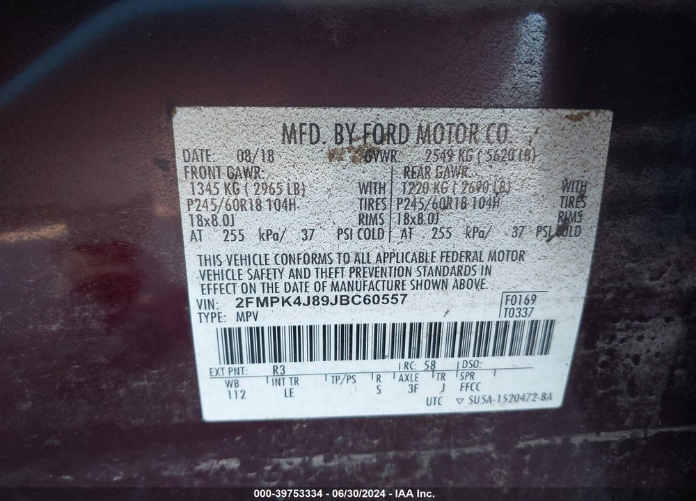 2018 FORD EDGE SEL VIN: 2FMPK4J89JBC60557
