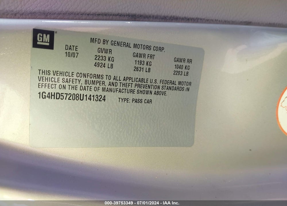2008 BUICK LUCERNE CXL VIN: 1G4HD57208U141324