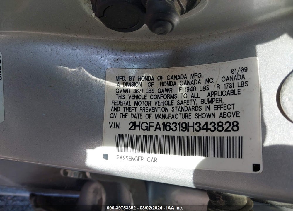 2009 HONDA CIVIC VP VIN: 2HGFA16319H343828
