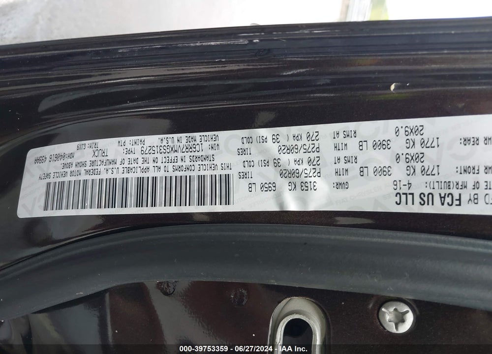 2016 RAM 1500 LAIE VIN: 1C6RR7VMXGS315279