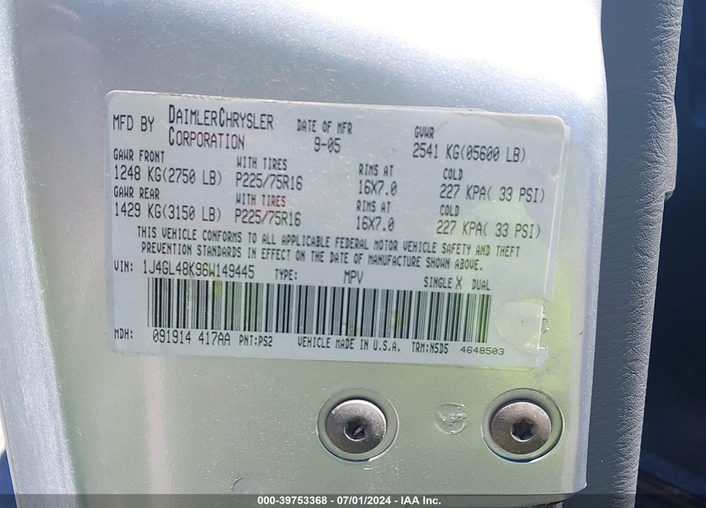 2006 JEEP LIBERTY SPORT VIN: 1J4GL48K96W149445