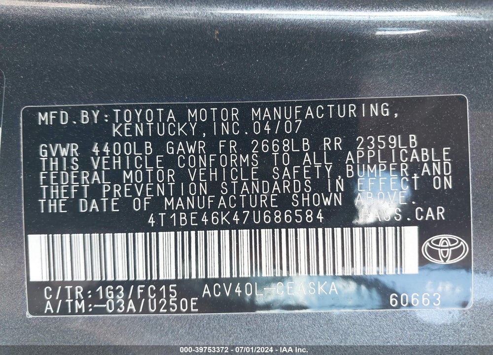 2007 TOYOTA CAMRY SE VIN: 4T1BE46K47U686584