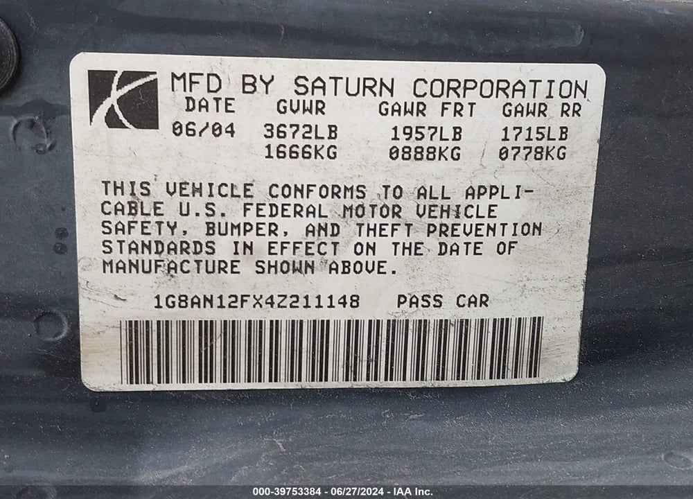 2004 SATURN ION 2 VIN: 1G8AN12FX4Z211148