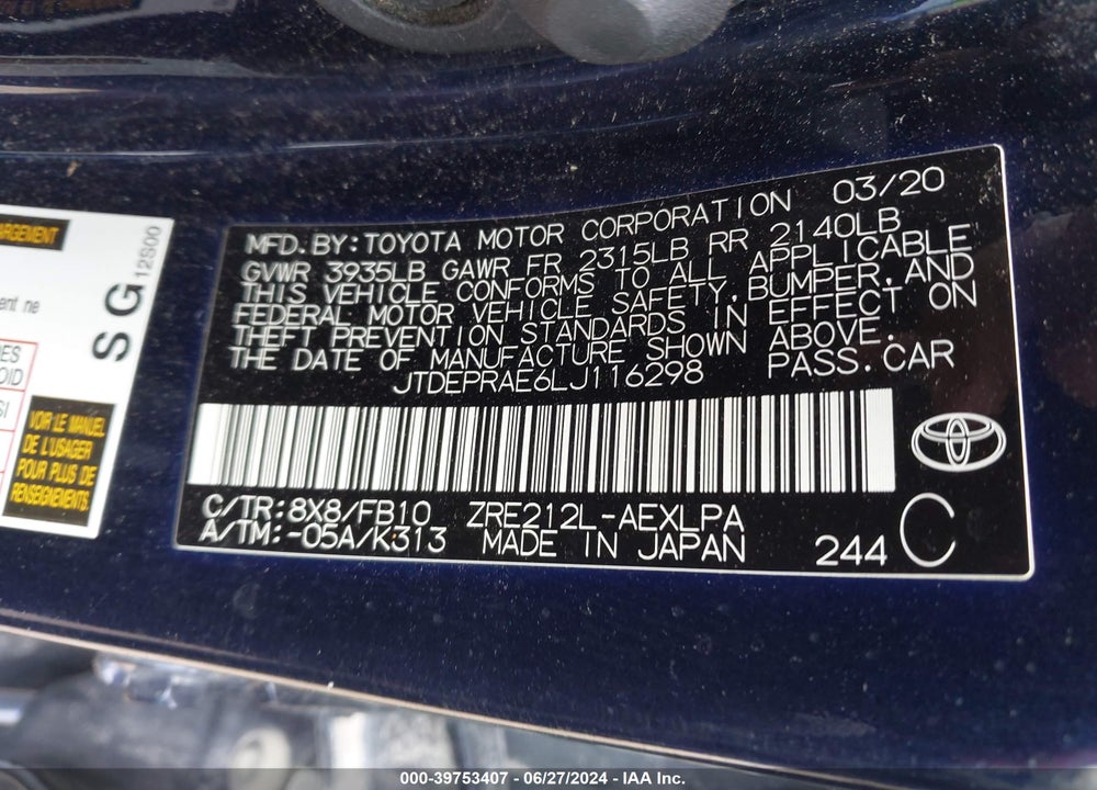 2020 TOYOTA COROLLA VIN: JTDEPRAE6LJ116298