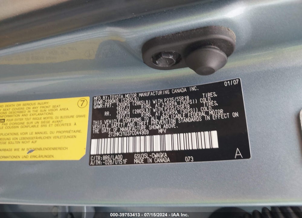 2007 LEXUS RX 350 VIN: 2T2HK31U37C044909