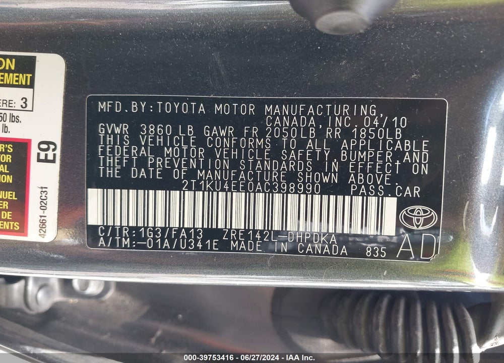 2010 TOYOTA MATRIX VIN: 2T1KU4EE0AC398990