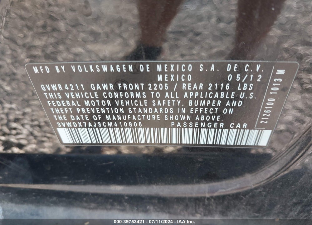 2012 VOLKSWAGEN JETTA 2.5L SE VIN: 3VWDX7AJ3CM410805