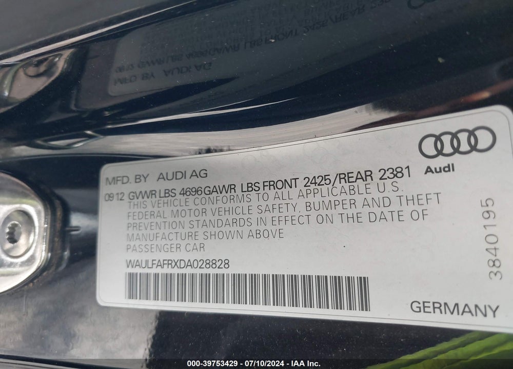 2013 AUDI A5 2.0T PREMIUM VIN: WAULFAFRXDA028828