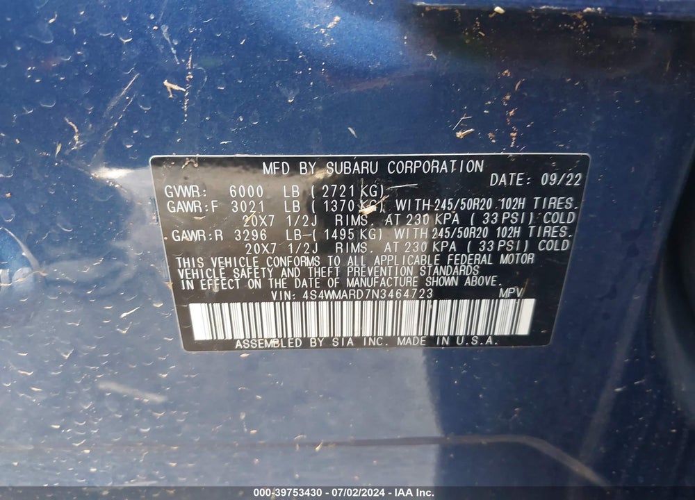 2022 SUBARU ASCENT TOURING VIN: 4S4WMARD7N3464723