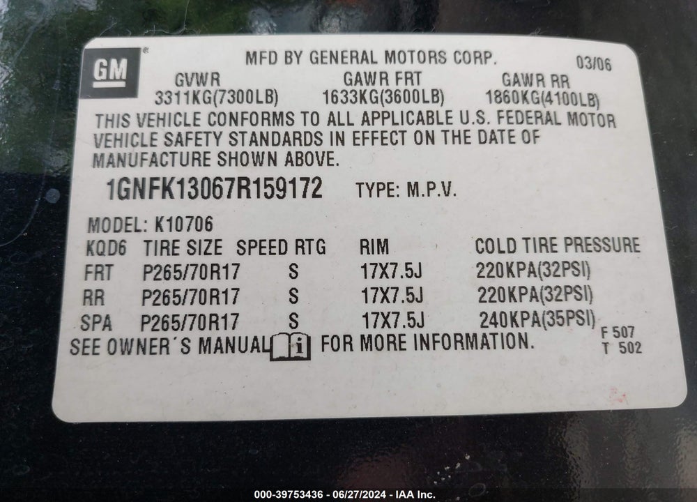 2007 CHEVROLET TAHOE LT VIN: 1GNFK13067R159172