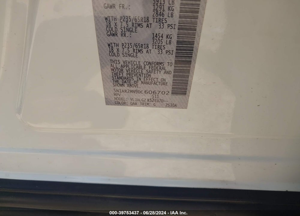 2013 NISSAN PATHFINDER SL VIN: 5N1AR2MN9DC606702