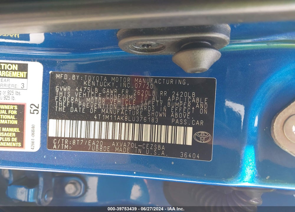 2020 TOYOTA CAMRY SE VIN: 4T1M11AK8LU376183