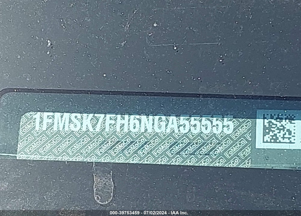 2022 FORD EXPLORER LIMITED VIN: 1FMSK7FH6NGA55555