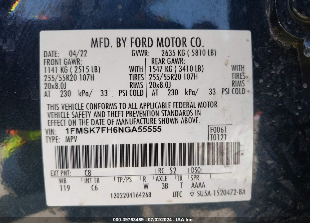 2022 FORD EXPLORER LIMITED VIN: 1FMSK7FH6NGA55555