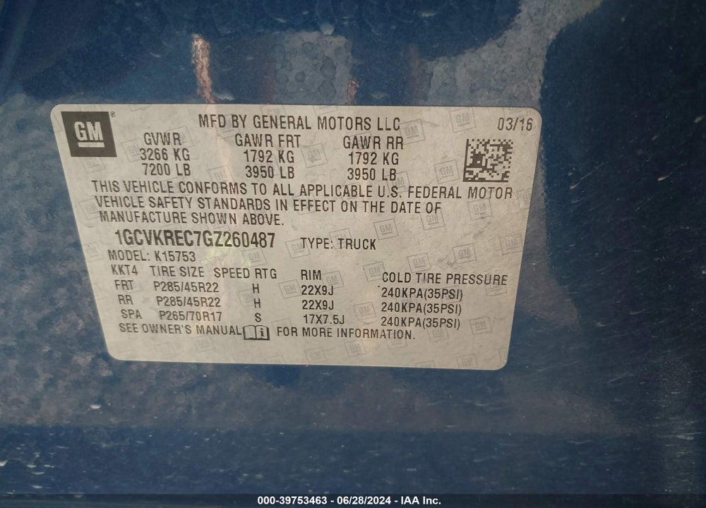 2016 CHEVROLET SILVERADO 1500 1LT VIN: 1GCVKREC7GZ260487