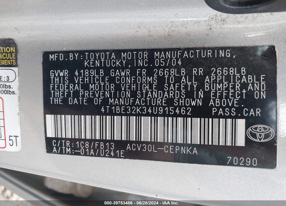 2004 TOYOTA CAMRY STD/ VIN: 4T1BE32K34U915462