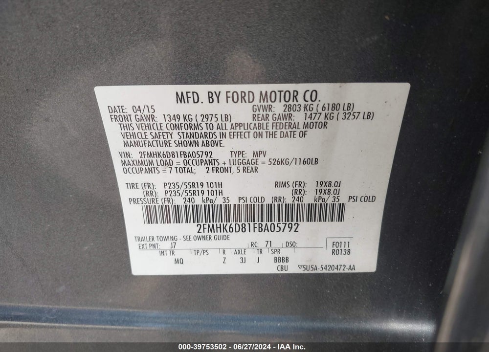 2015 FORD FLEX LIMITED VIN: 2FMHK6D81FBA05792