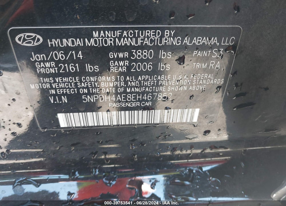 2014 HYUNDAI ELANTRA SE VIN: 5NPDH4AE8EH467852